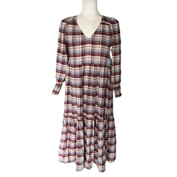 NWT Madewell Plaid Tiered Puff Sleeve Midi Dress in Dusk Peri Plaid - XXS XS - Picture 5 of 16